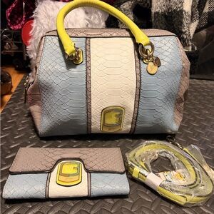 Guess Handbag and Wallet Set - Blue, Cream, and Yellow